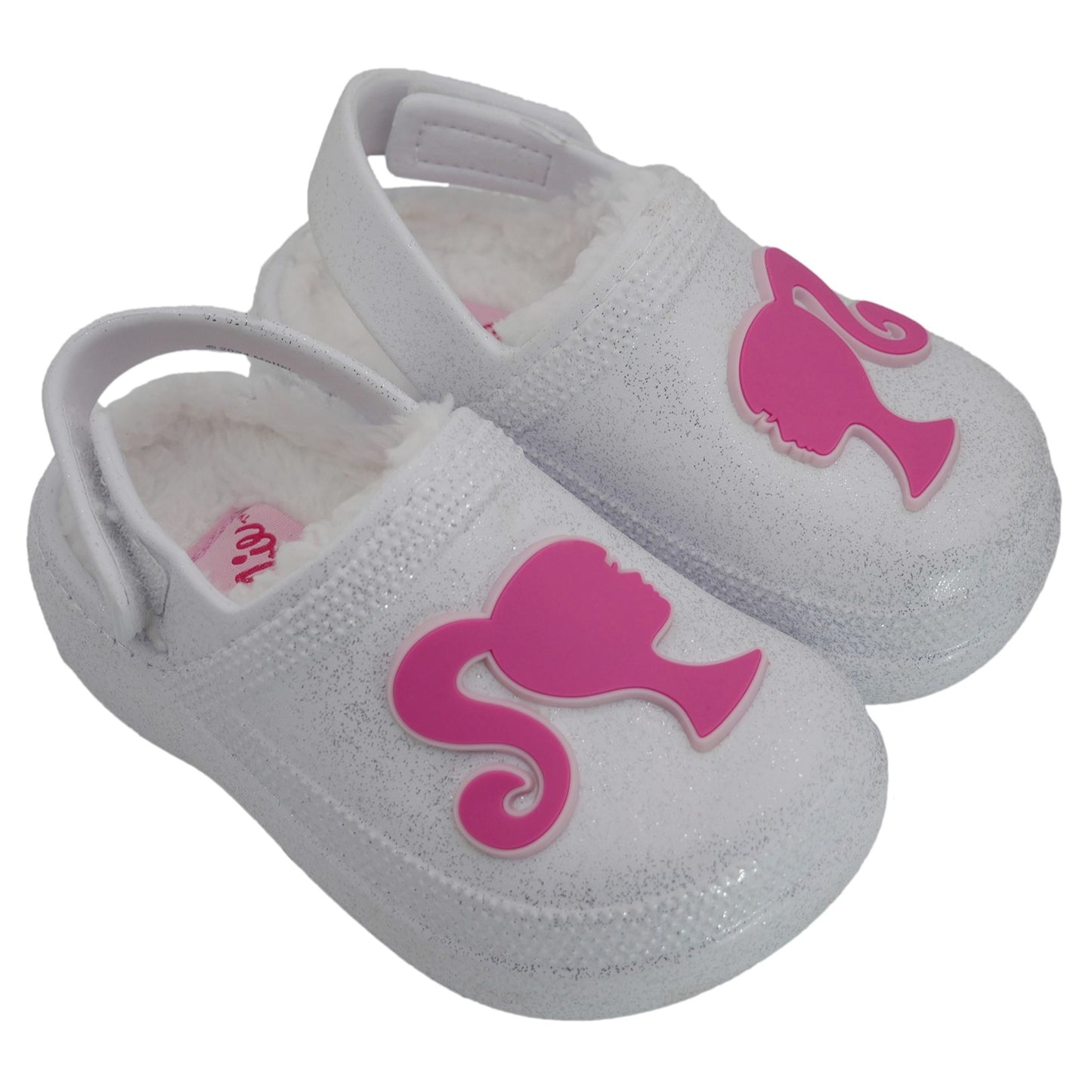 Barbie Toddler Girls' Faux Fur Lined Clogs with Adjustable Strap - White Glitter