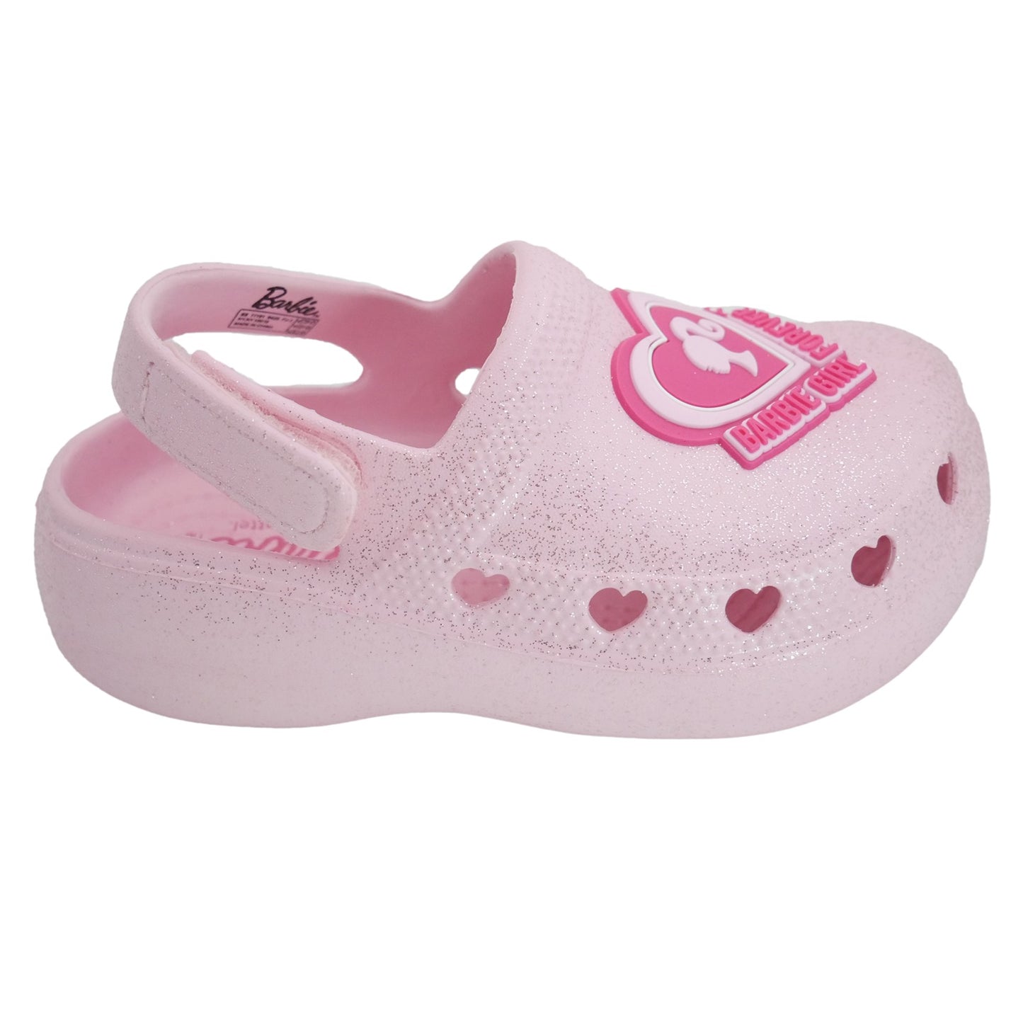 Barbie Toddler Girls' Clogs with Adjustable Strap - Light Pink Glitter w/ Barbie Heart Patch