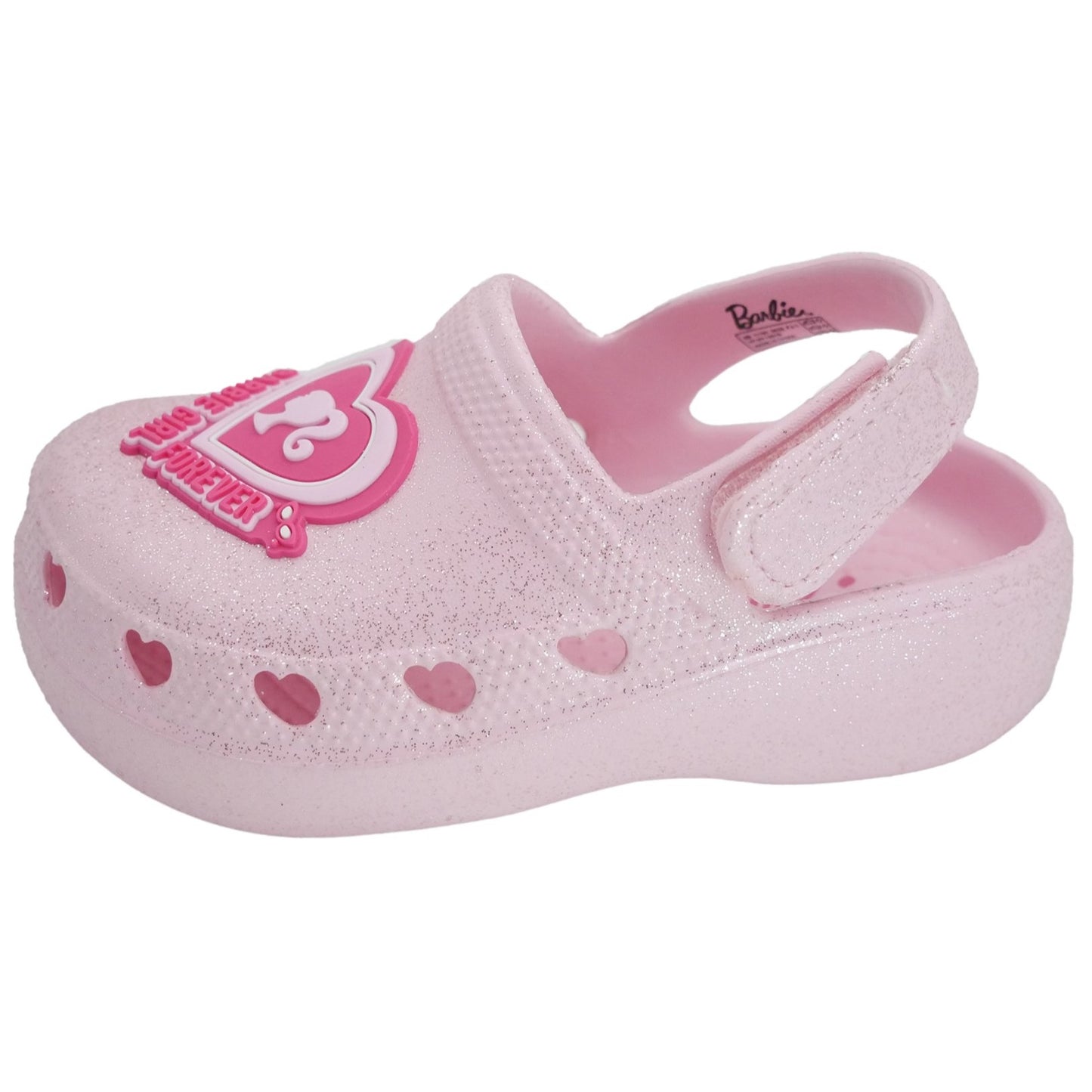 Barbie Toddler Girls' Clogs with Adjustable Strap - Light Pink Glitter w/ Barbie Heart Patch