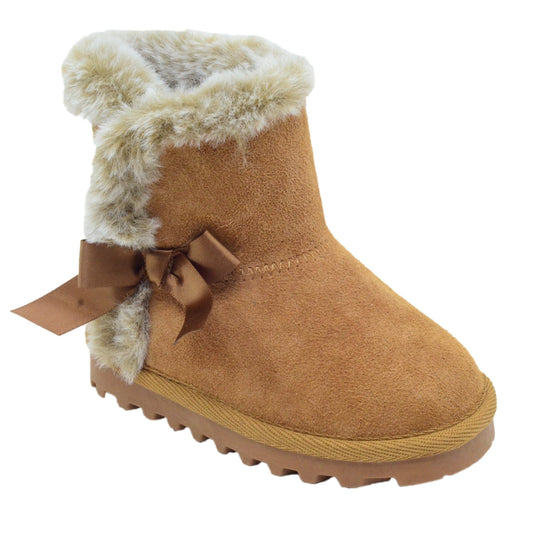 BEARPAW Toddler Suede Winter Boots with Faux-Fur Lining - Chestnut with Bow