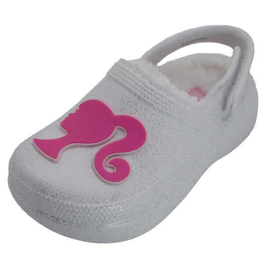 Barbie Toddler Girls' Faux Fur Lined Clogs with Adjustable Strap - White Glitter