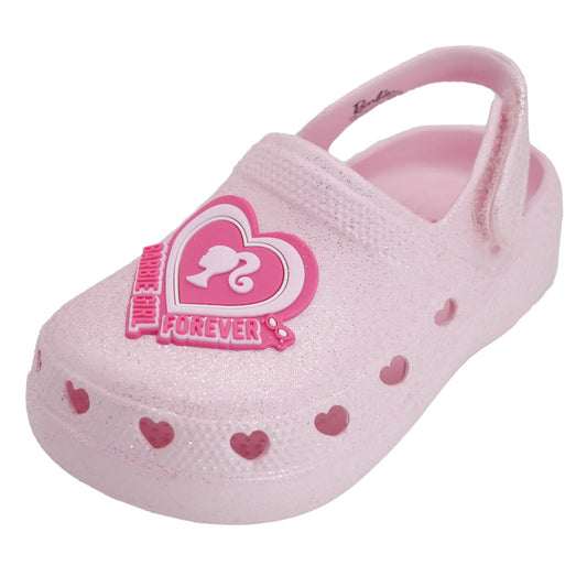 Barbie Toddler Girls' Clogs with Adjustable Strap - Light Pink Glitter w/ Barbie Heart Patch