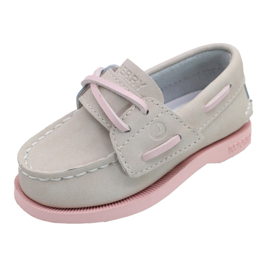 Sperry Toddler Authentic Original Boat Shoe - Light Taupe Leather with Hook & Loop Closure
