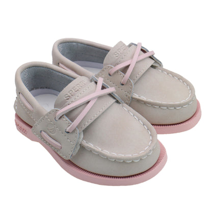 Sperry Toddler Authentic Original Boat Shoe - Light Taupe Leather with Hook & Loop Closure
