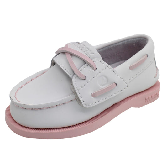 Sperry Toddler Authentic Original Boat Shoe - White Leather with Hook & Loop Closure
