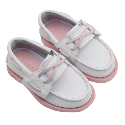 Sperry Toddler Authentic Original Boat Shoe - White Leather with Hook & Loop Closure